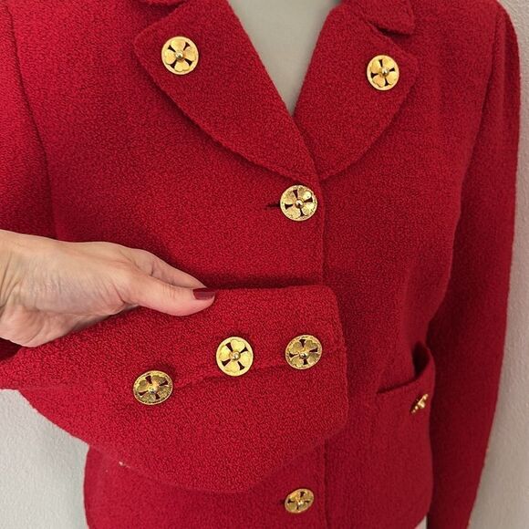 Adolfo Saks Fifth Avenue red wool skirt suit jacket 6 medium m gold - Picture 4 of 14